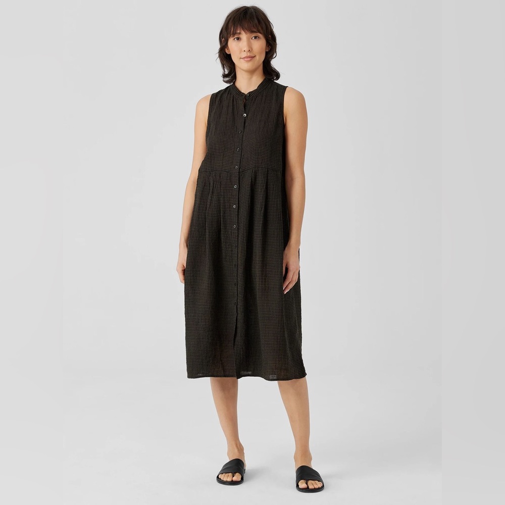 Eileen Fisher Puckered Organic Linen Pleated Dress - Mossy Green